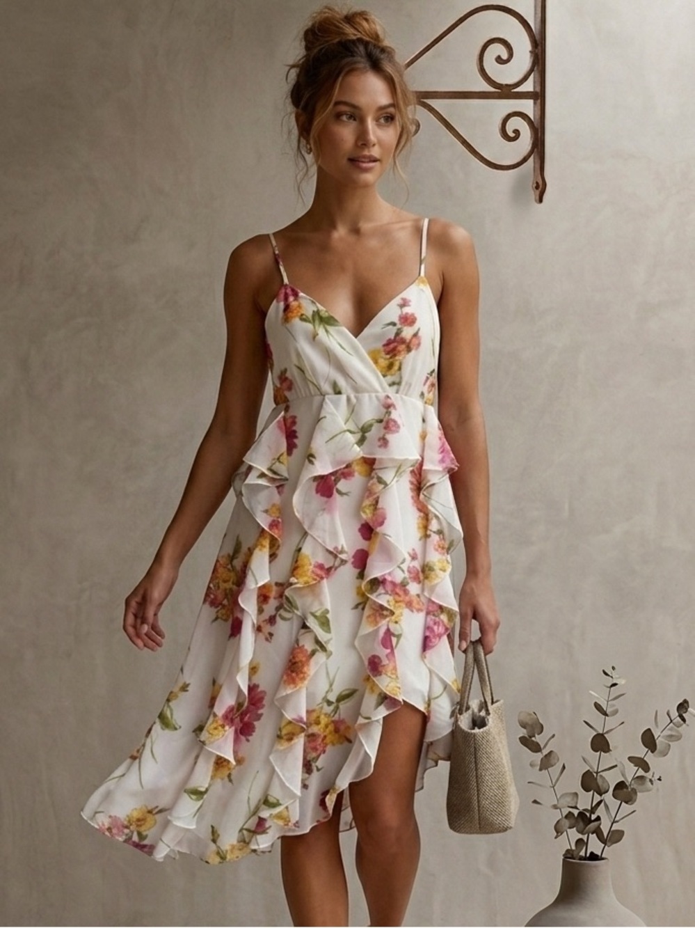 Floral Ruffle Spaghetti-Strap Dress - White with Pink & Yellow Flowers